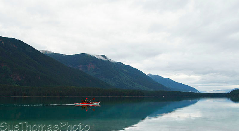 Dog in kayak at Muncho Lake, British Columbia